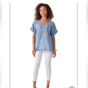 NWT Charlie Paige Cotton Blouse medium blue chambray embroidered white accents